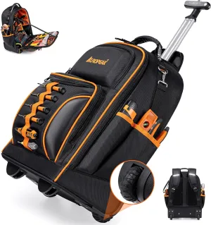 2-In-1 Rolling Tool Backpack Heavy Duty, Rolling Tool Bag with Wheels, 63-Pocket Tool Bags for Men, Waterproof Rolling Tool Backpack for Hvac Electrician Construction Mechanic
