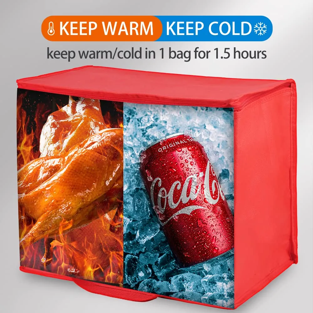 2-Pack Insulated Reusable Grocery Bag with Zippered Top, X-Large Insulated Food/Pizza Delivery Bag, Bodaon Frozen Foods Cold, Cooler Shopping Bags, Red