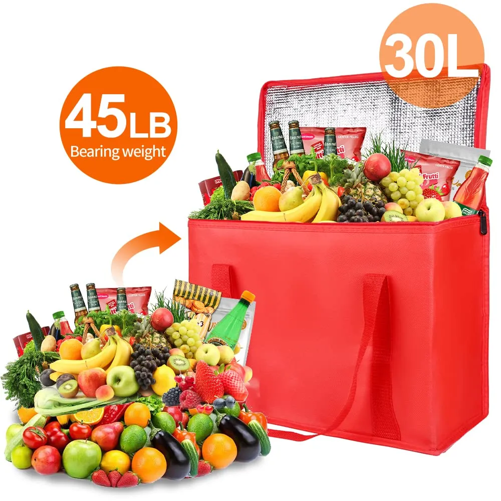 2-Pack Insulated Reusable Grocery Bag with Zippered Top, X-Large Insulated Food/Pizza Delivery Bag, Bodaon Frozen Foods Cold, Cooler Shopping Bags, Red