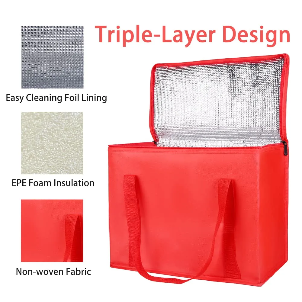 2-Pack Insulated Reusable Grocery Bag with Zippered Top, X-Large Insulated Food/Pizza Delivery Bag, Bodaon Frozen Foods Cold, Cooler Shopping Bags, Red