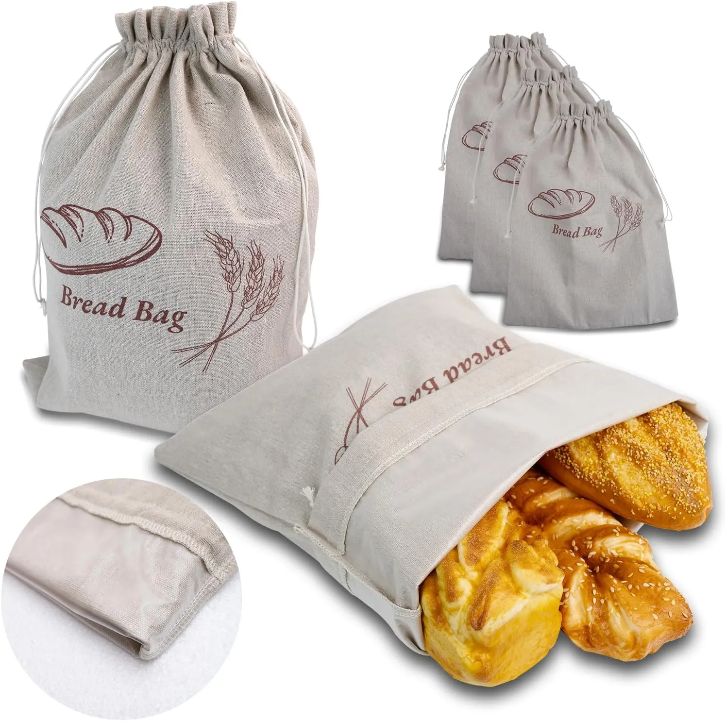 3-Pack Bread Bags for Homemade Bread Sourdough with Inner Lining, Linen Breads Bags Keeps Breads Fresh, Reusable Bread's Storage Bag, Flax Sourdough Bread's Bag's for Sourdough's Bag(17*13 in Lager)