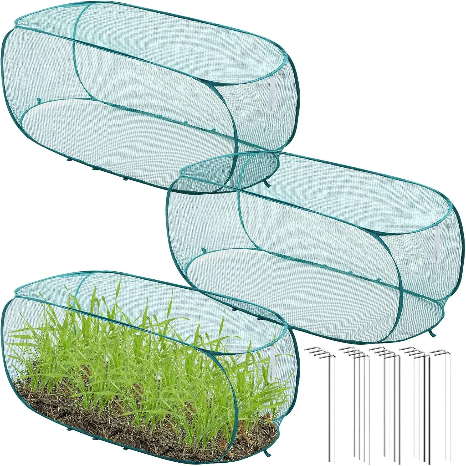 3 Pcs 45" x 20" x 18" Foldable Garden Rows Plants Cover Vegetable Mesh Plant Protector Net Cage Guard with Ground Nails for Protecting Vegetables Fruits Seedlings Flowers