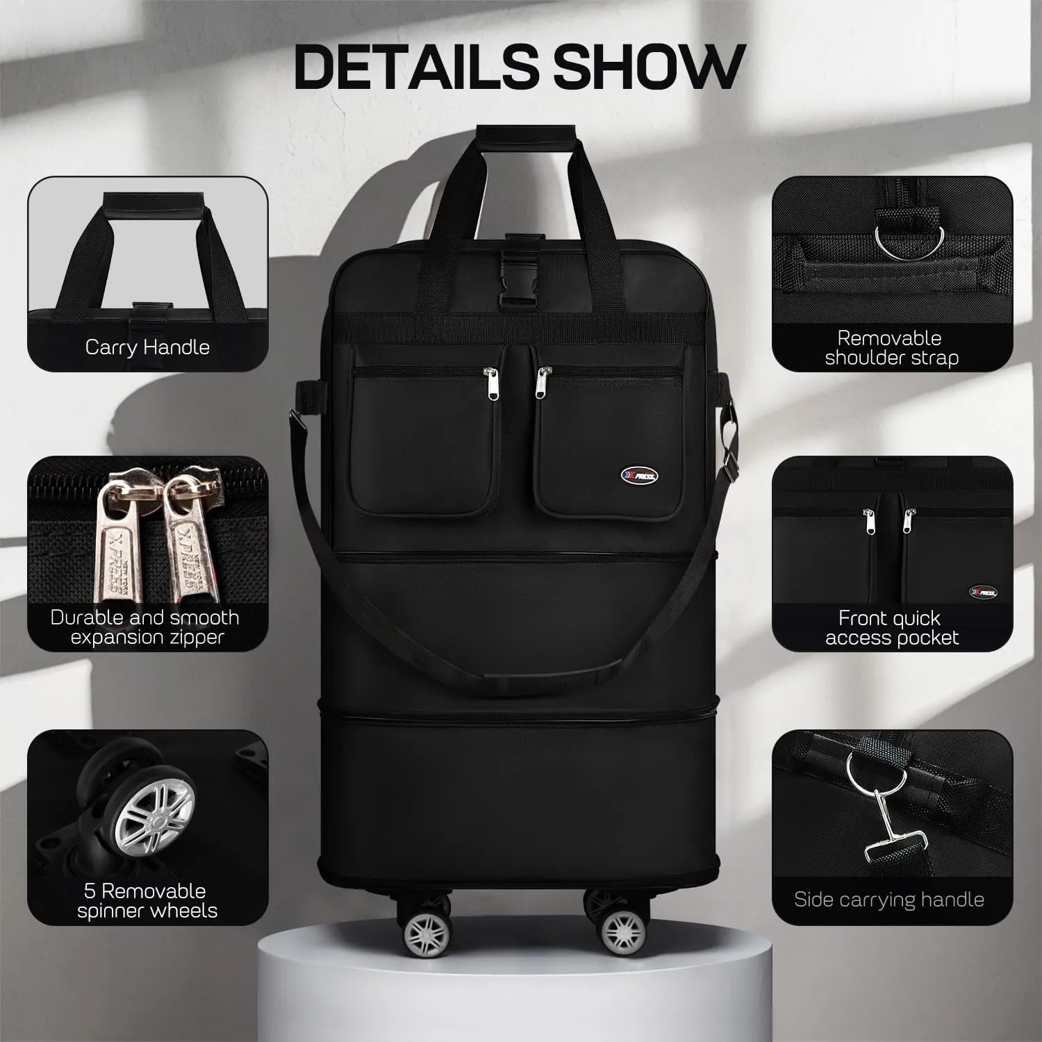 40-inch Expandable Folding Roller Luggage Bag: Waterproof, Wheeled & Detachable, Ideal for Travel, Moving, Storage & Camping - Solve All Your Spacious Storage Woes(40in-black)