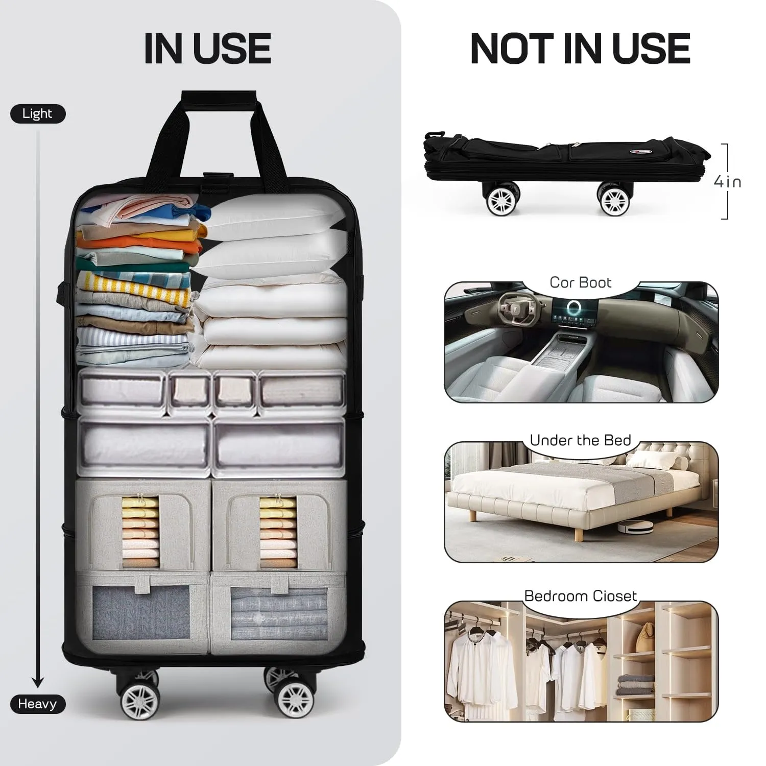 40-inch Expandable Folding Roller Luggage Bag: Waterproof, Wheeled & Detachable, Ideal for Travel, Moving, Storage & Camping - Solve All Your Spacious Storage Woes(40in-black)
