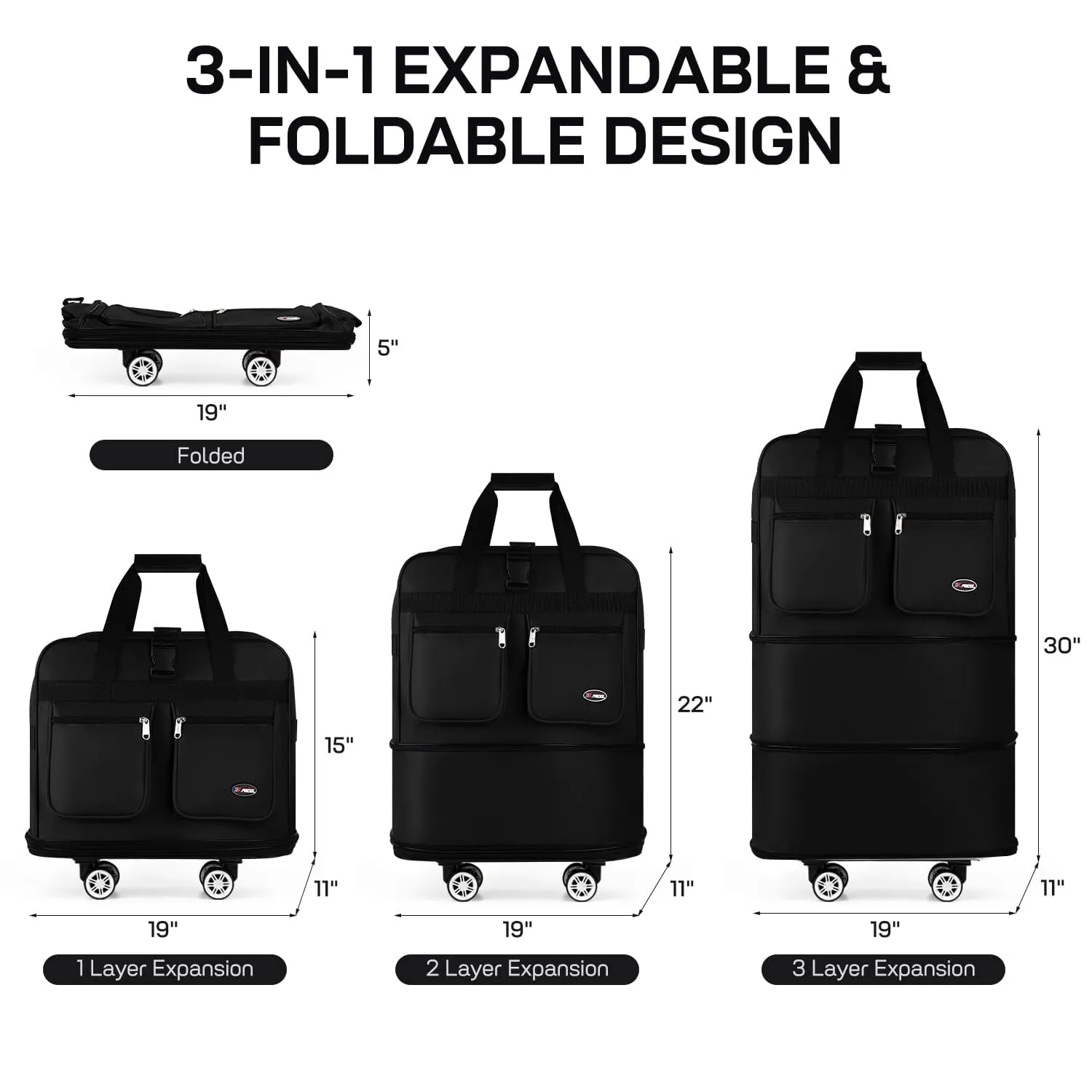 40-inch Expandable Folding Roller Luggage Bag: Waterproof, Wheeled & Detachable, Ideal for Travel, Moving, Storage & Camping - Solve All Your Spacious Storage Woes(40in-black)