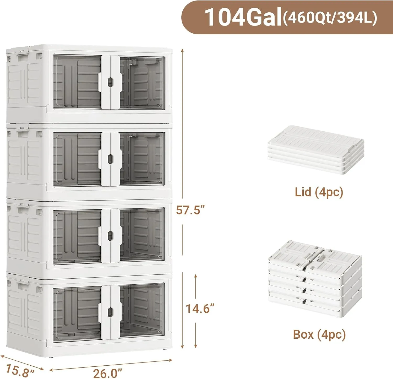 460Qt Stackable Storage Bins with Lids & Wheels, 4-Pack Large Plastic Collapsible Latching Boxes, Closet Organizers and Storage Cabinet Shelves, for Home Garage Office Organization, V7 White