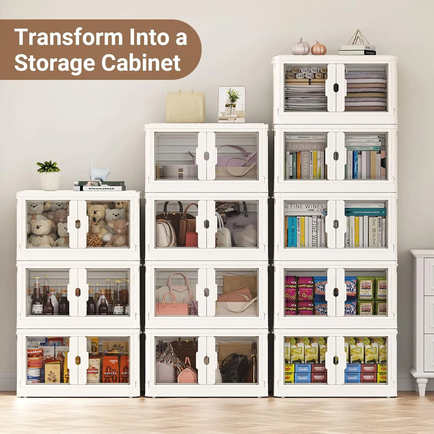 460Qt Stackable Storage Bins with Lids & Wheels, 4-Pack Large Plastic Collapsible Latching Boxes, Closet Organizers and Storage Cabinet Shelves, for Home Garage Office Organization, V7 White