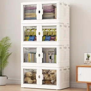 460Qt Stackable Storage Bins with Lids & Wheels, 4-Pack Large Plastic Collapsible Latching Boxes, Closet Organizers and Storage Cabinet Shelves, for Home Garage Office Organization, V7 White