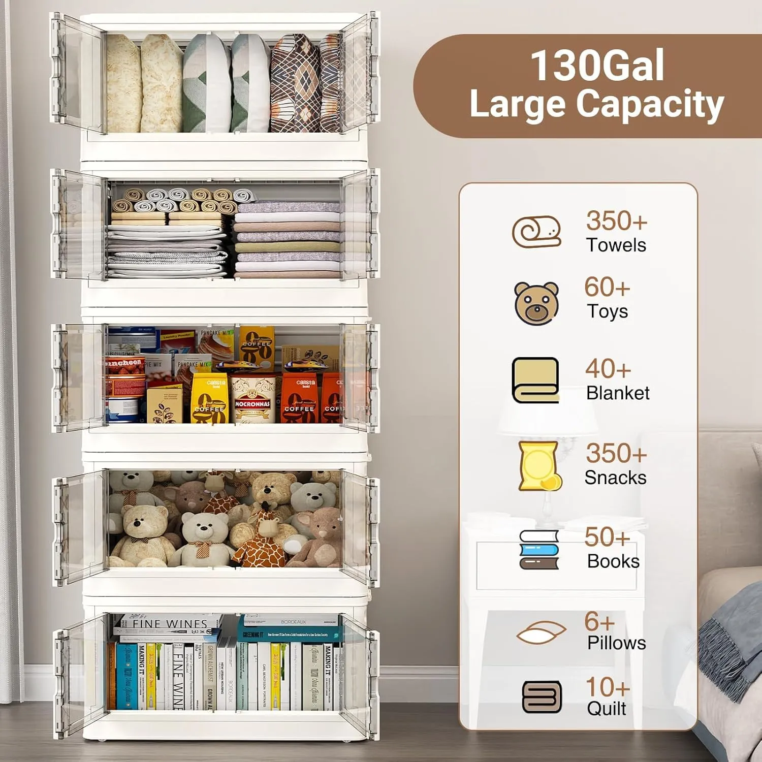 460Qt Stackable Storage Bins with Lids & Wheels, 4-Pack Large Plastic Collapsible Latching Boxes, Closet Organizers and Storage Cabinet Shelves, for Home Garage Office Organization, V7 White