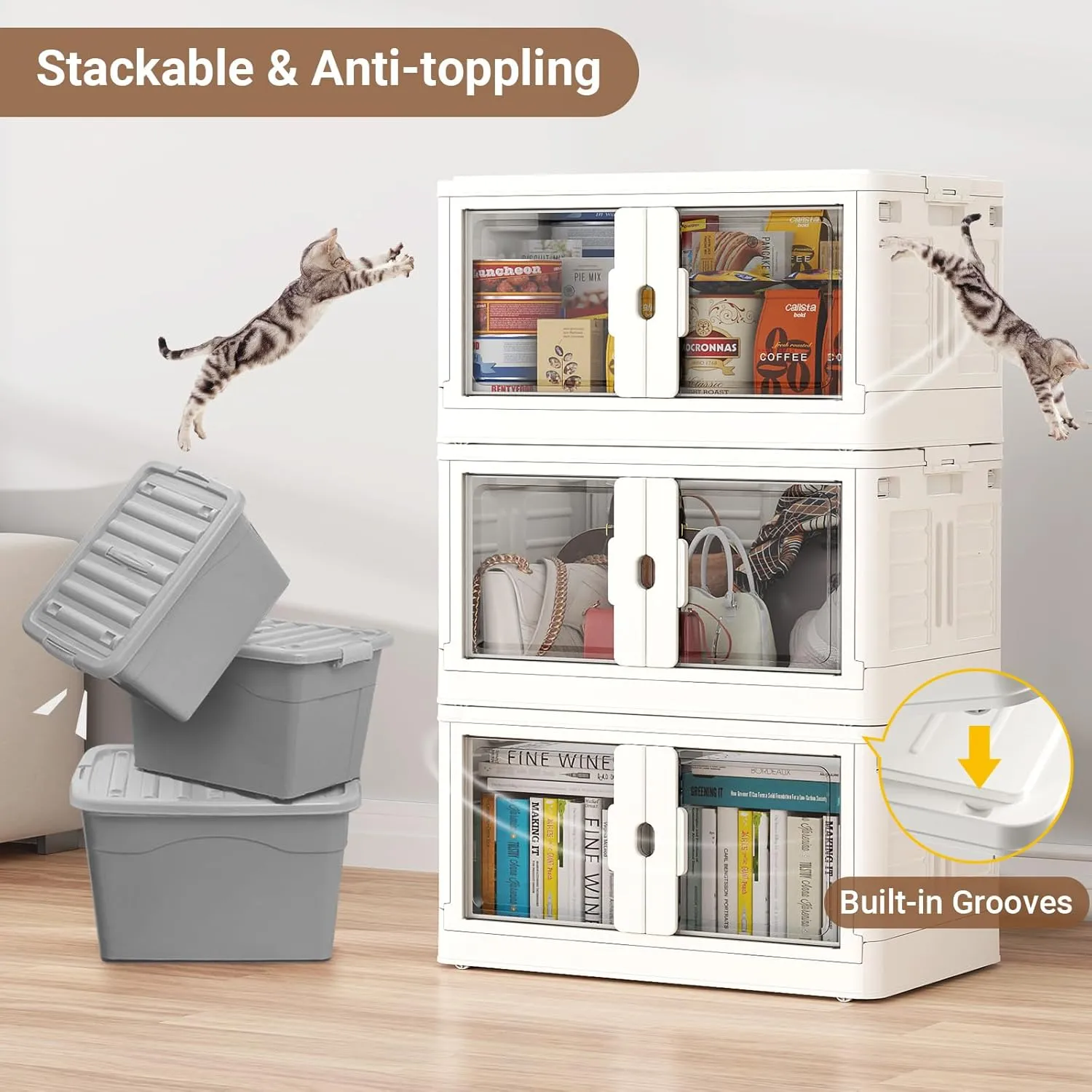 460Qt Stackable Storage Bins with Lids & Wheels, 4-Pack Large Plastic Collapsible Latching Boxes, Closet Organizers and Storage Cabinet Shelves, for Home Garage Office Organization, V7 White