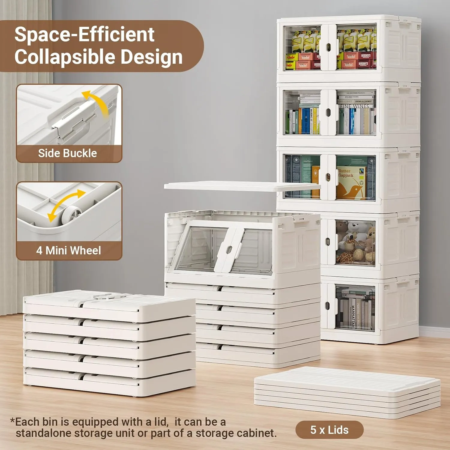 460Qt Stackable Storage Bins with Lids & Wheels, 4-Pack Large Plastic Collapsible Latching Boxes, Closet Organizers and Storage Cabinet Shelves, for Home Garage Office Organization, V7 White