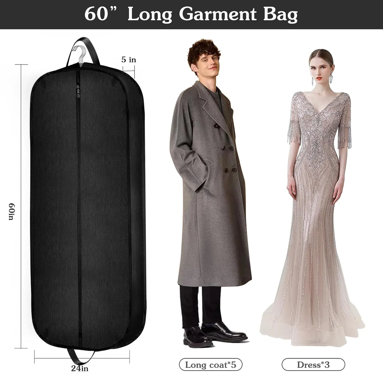 60 Inch Heavy Duty Tear Resistance Wedding Dress Bag for Wedding Travel, Waterproof Dress Cover for Closet Wardrobe. Garment Bag for Gowns, Tuxedos, Dress, Long Coats. Darkgrey, 60 Inch.