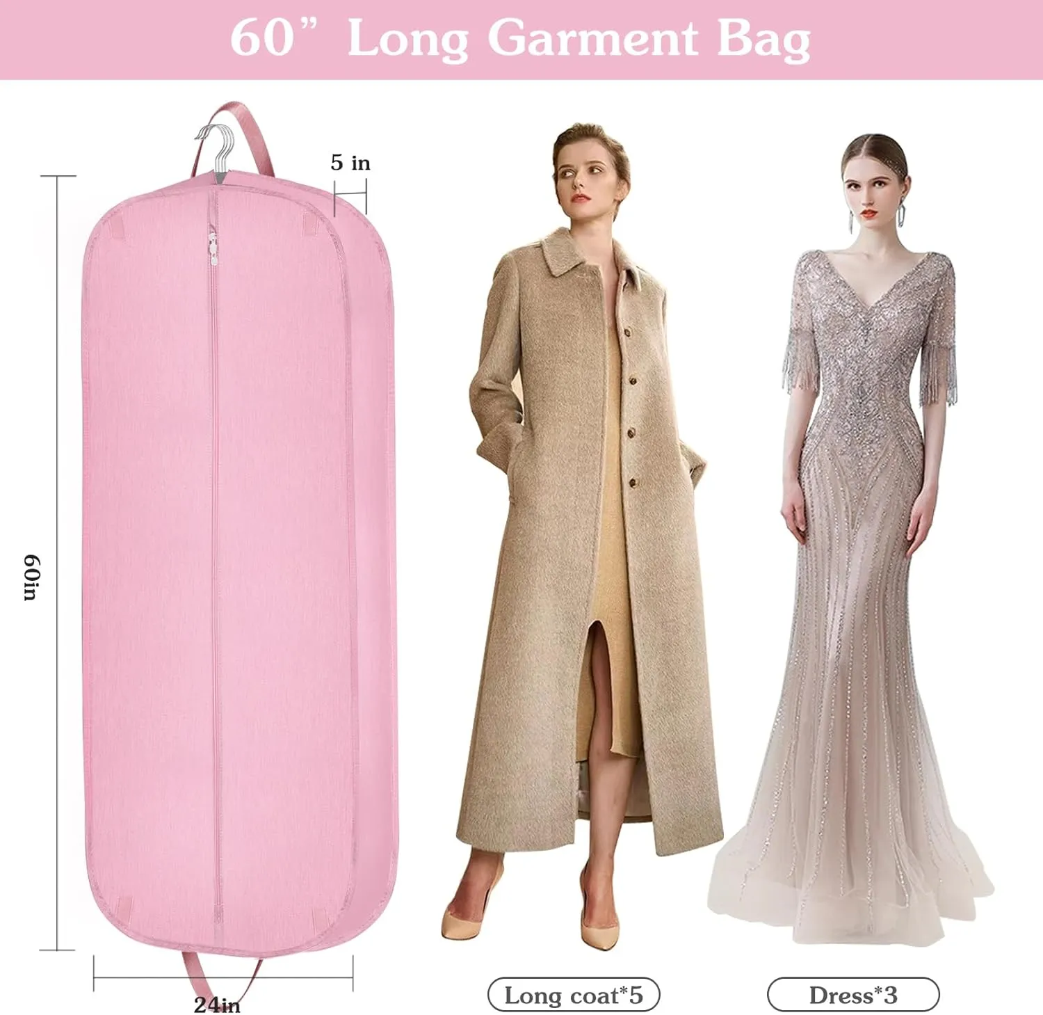 60 Inch Heavy Duty Tear Resistance Wedding Dress Bag for Wedding Travel, Waterproof Dress Cover for Closet Wardrobe. Garment Bag for Gowns, Tuxedos, Dress, Long Coats. Pink, 60 Inch.