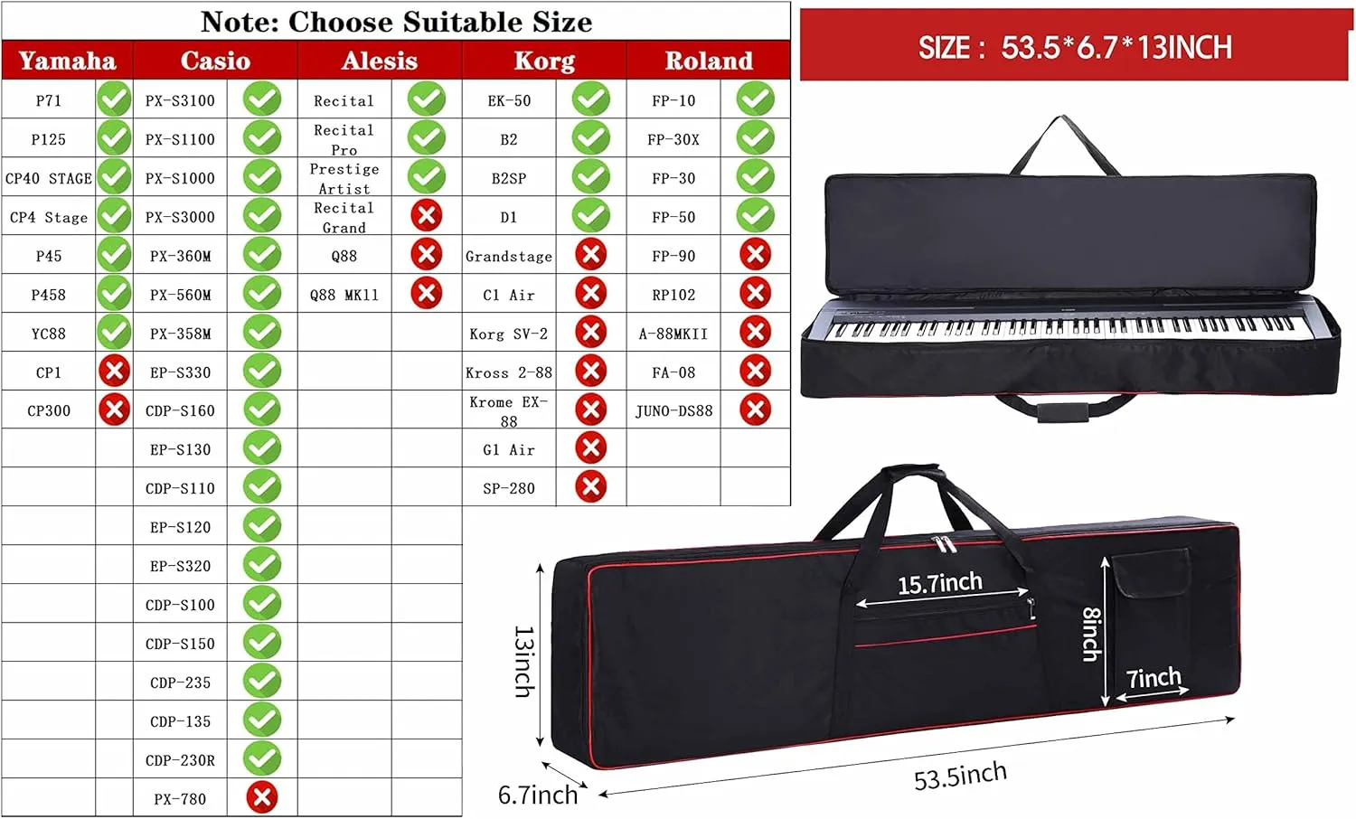 88 Key Keyboard Case Carrying Piano Cover, Gig Bag with 2-Pocket Keyboard Bag, 600D Durable Oxford Inside Padded Full Coverage Dust Protection for Digital Piano Covers