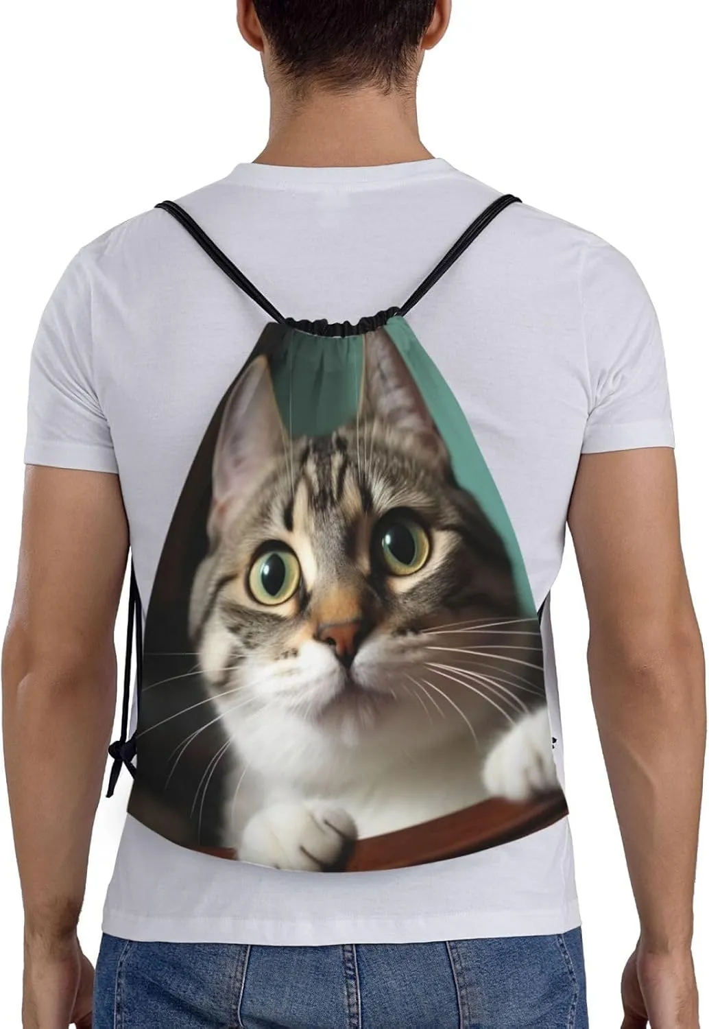 A curious cat Drawstring Backpack Waterproof String Bag Sports Sackpack Gym Bags for Men Women