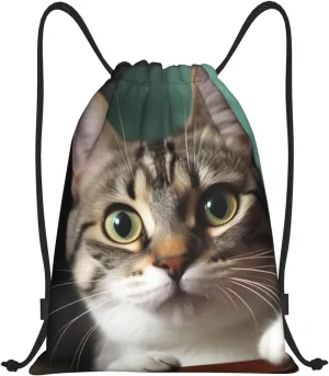 A curious cat Drawstring Backpack Waterproof String Bag Sports Sackpack Gym Bags for Men Women