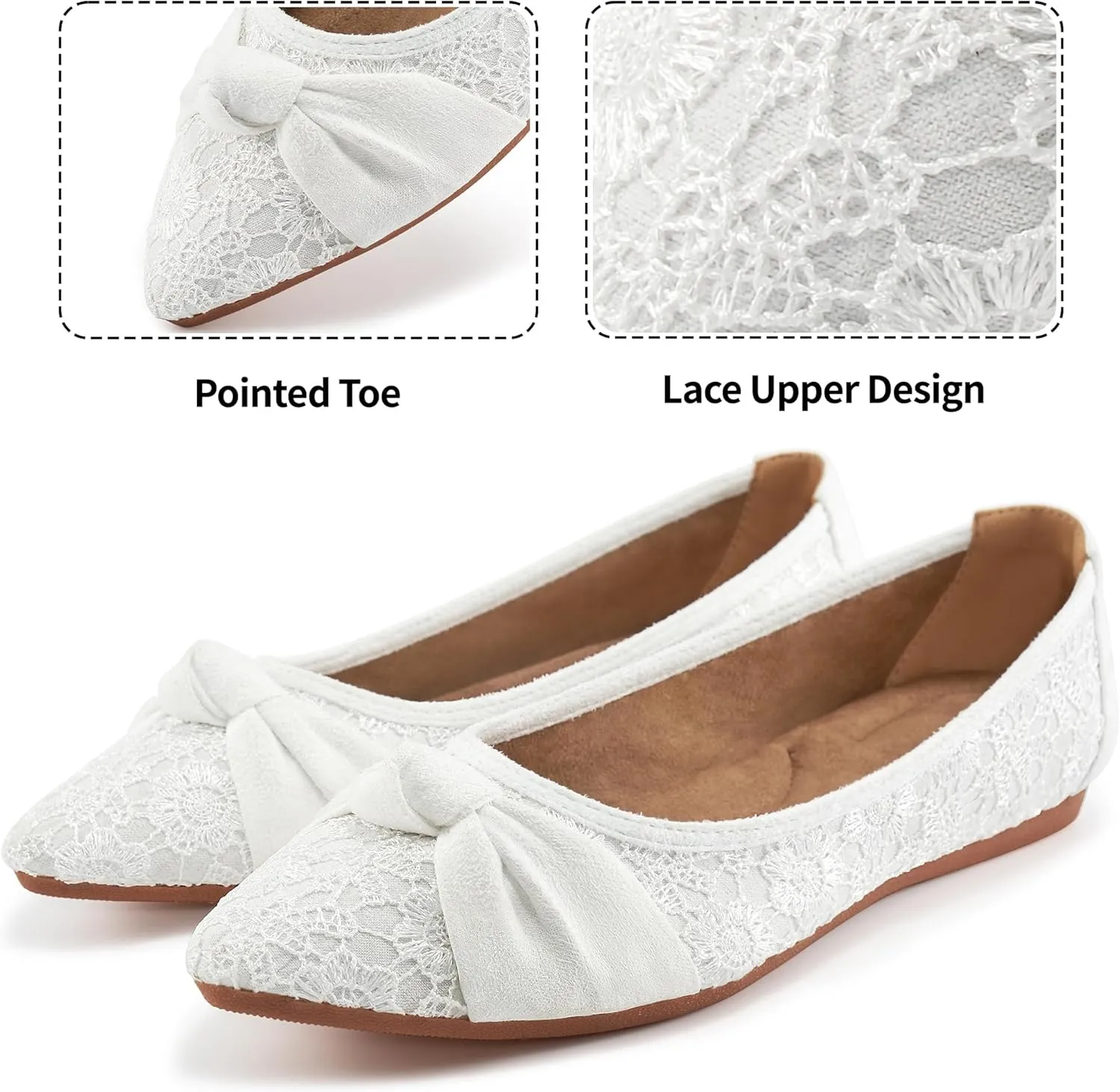Ablanczoom Dress Shoes for Womens Flats: Dressy Comfortable Pointed Toe Bow Lace Mesh Ballet Flat Wedding Bridal Shoe for Women