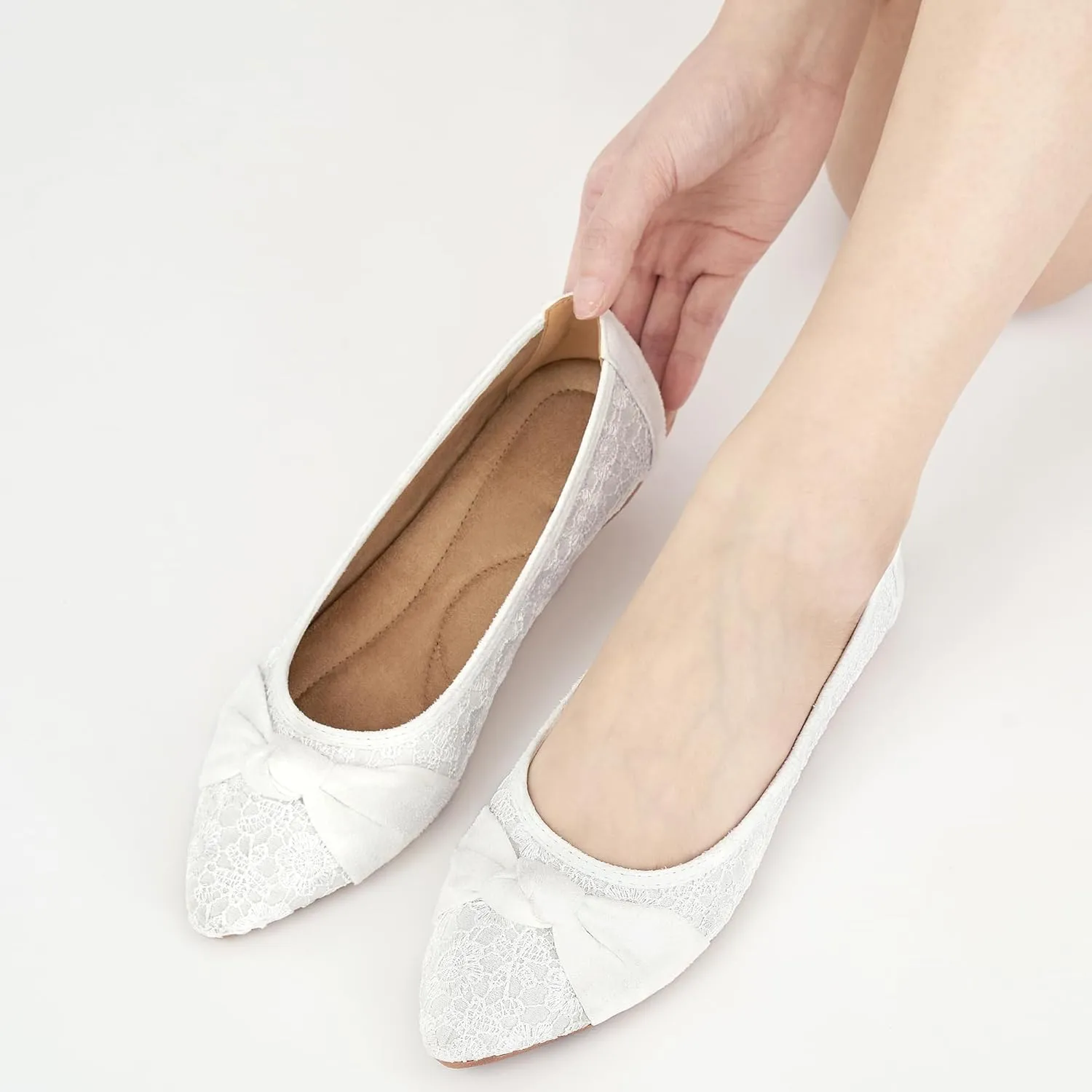 Ablanczoom Dress Shoes for Womens Flats: Dressy Comfortable Pointed Toe Bow Lace Mesh Ballet Flat Wedding Bridal Shoe for Women