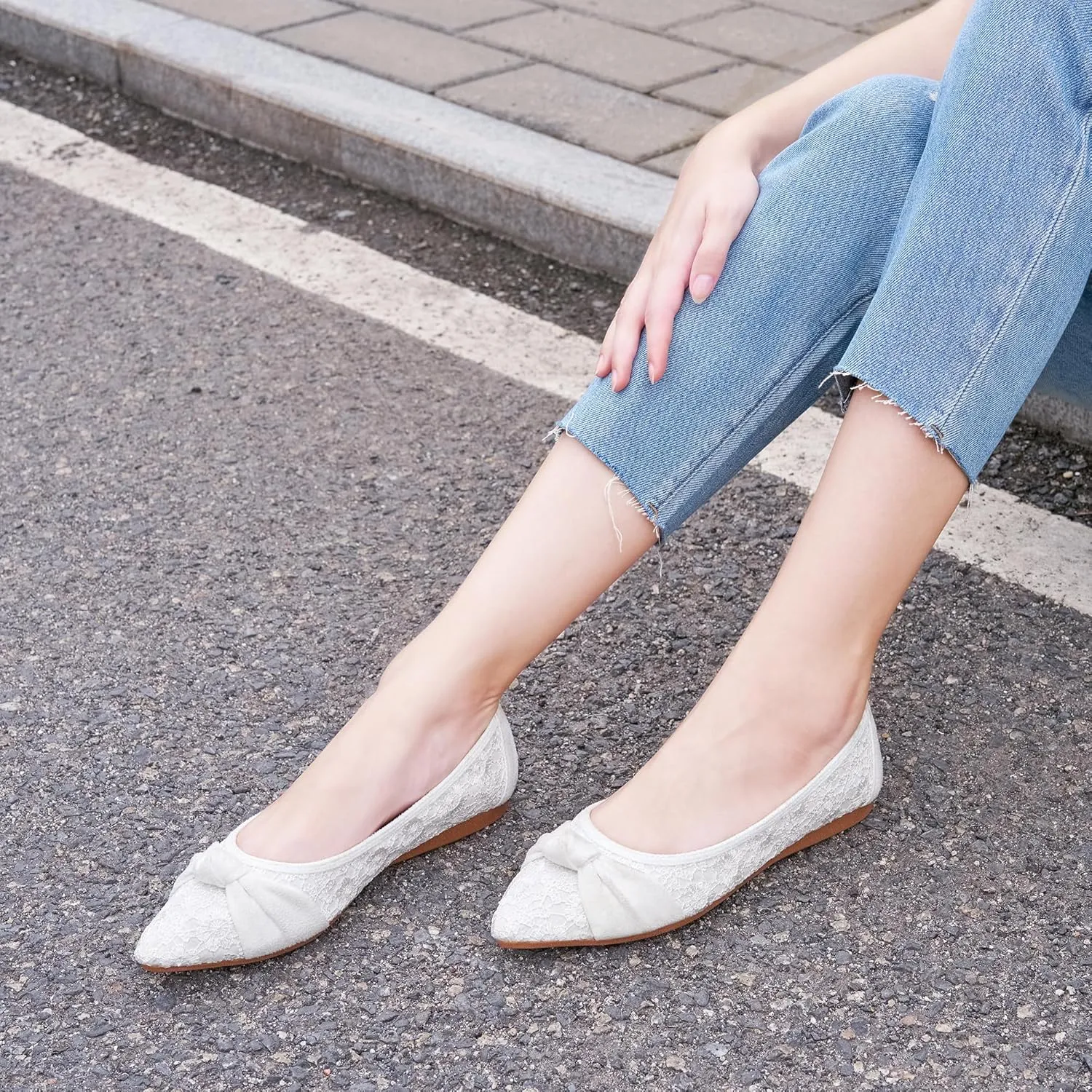 Ablanczoom Dress Shoes for Womens Flats: Dressy Comfortable Pointed Toe Bow Lace Mesh Ballet Flat Wedding Bridal Shoe for Women