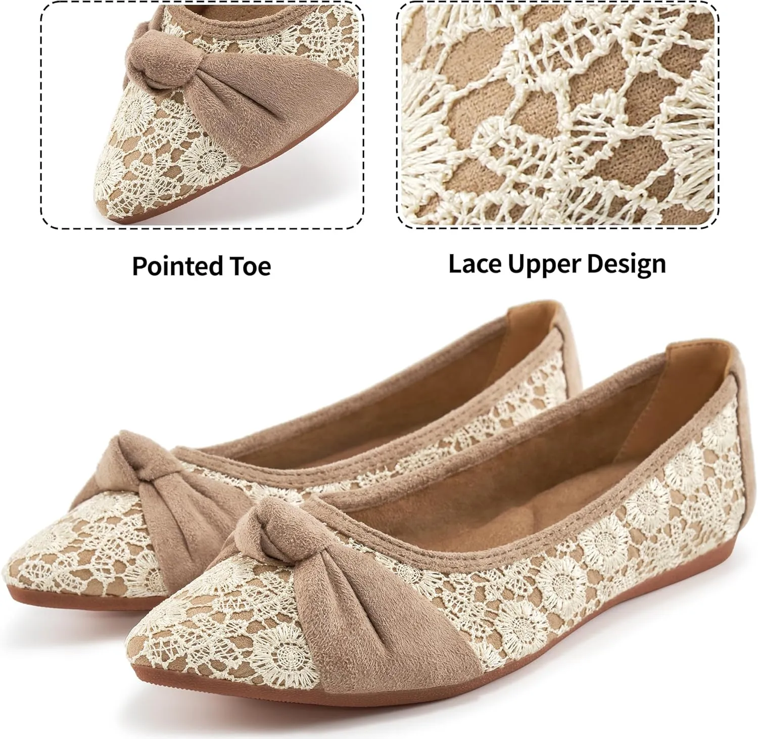 Ablanczoom Dress Shoes for Womens Flats: Dressy Comfortable Pointed Toe Bow Lace Mesh Ballet Flat Wedding Bridal Shoe for Women