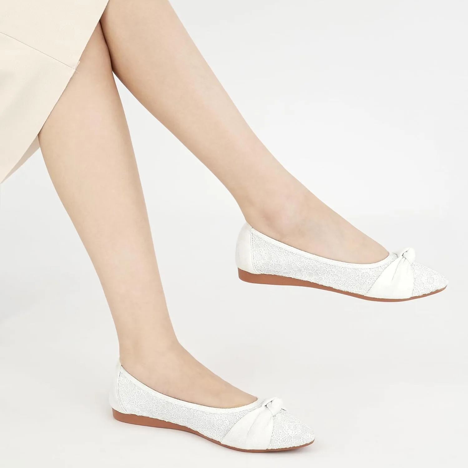 Ablanczoom Dress Shoes for Womens Flats: Dressy Comfortable Pointed Toe Bow Lace Mesh Ballet Flat Wedding Bridal Shoe for Women