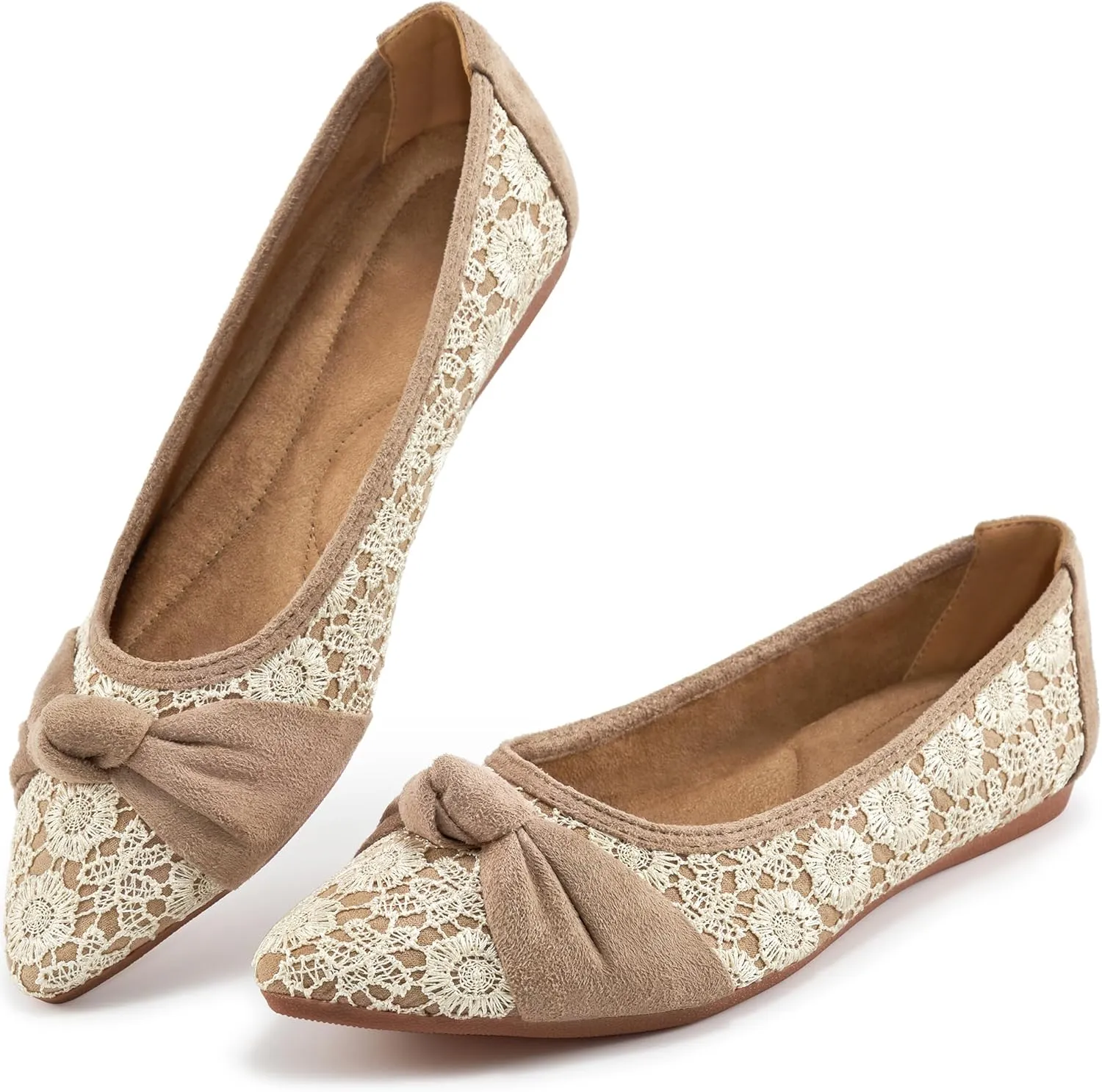 Ablanczoom Dress Shoes for Womens Flats: Dressy Comfortable Pointed Toe Bow Lace Mesh Ballet Flat Wedding Bridal Shoe for Women