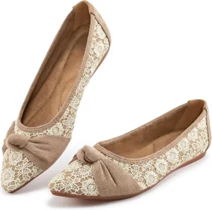 Ablanczoom Dress Shoes for Womens Flats: Dressy Comfortable Pointed Toe Bow Lace Mesh Ballet Flat Wedding Bridal Shoe for Women