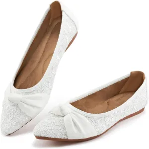 Ablanczoom Dress Shoes for Womens Flats: Dressy Comfortable Pointed Toe Bow Lace Mesh Ballet Flat Wedding Bridal Shoe for Women