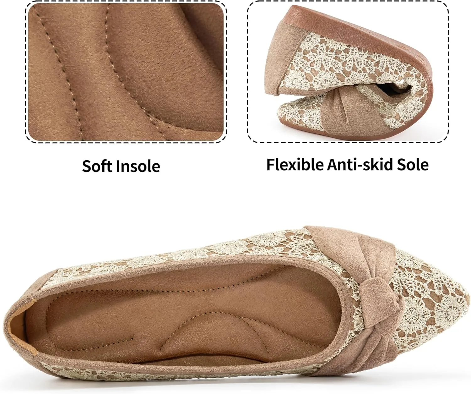 Ablanczoom Dress Shoes for Womens Flats: Dressy Comfortable Pointed Toe Bow Lace Mesh Ballet Flat Wedding Bridal Shoe for Women