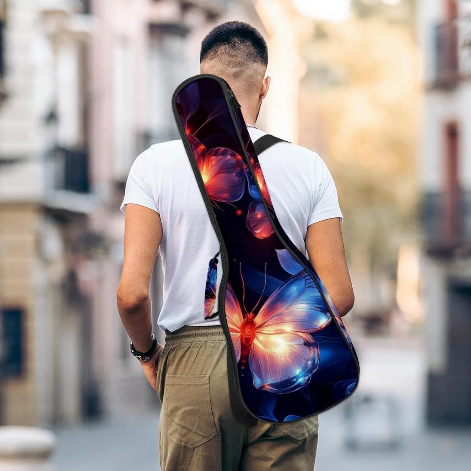 Aesthetic Flowers Glowing Butterflies Ukulele Case, Padded Bag for 23 Inch Concert Ukulele, Waterproof & Durable