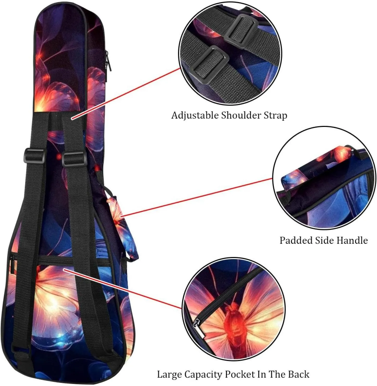 Aesthetic Flowers Glowing Butterflies Ukulele Case, Padded Bag for 23 Inch Concert Ukulele, Waterproof & Durable