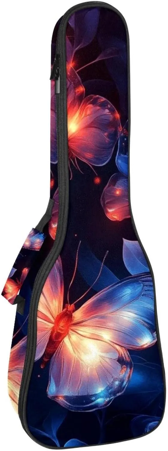 Aesthetic Flowers Glowing Butterflies Ukulele Case, Padded Bag for 23 Inch Concert Ukulele, Waterproof & Durable
