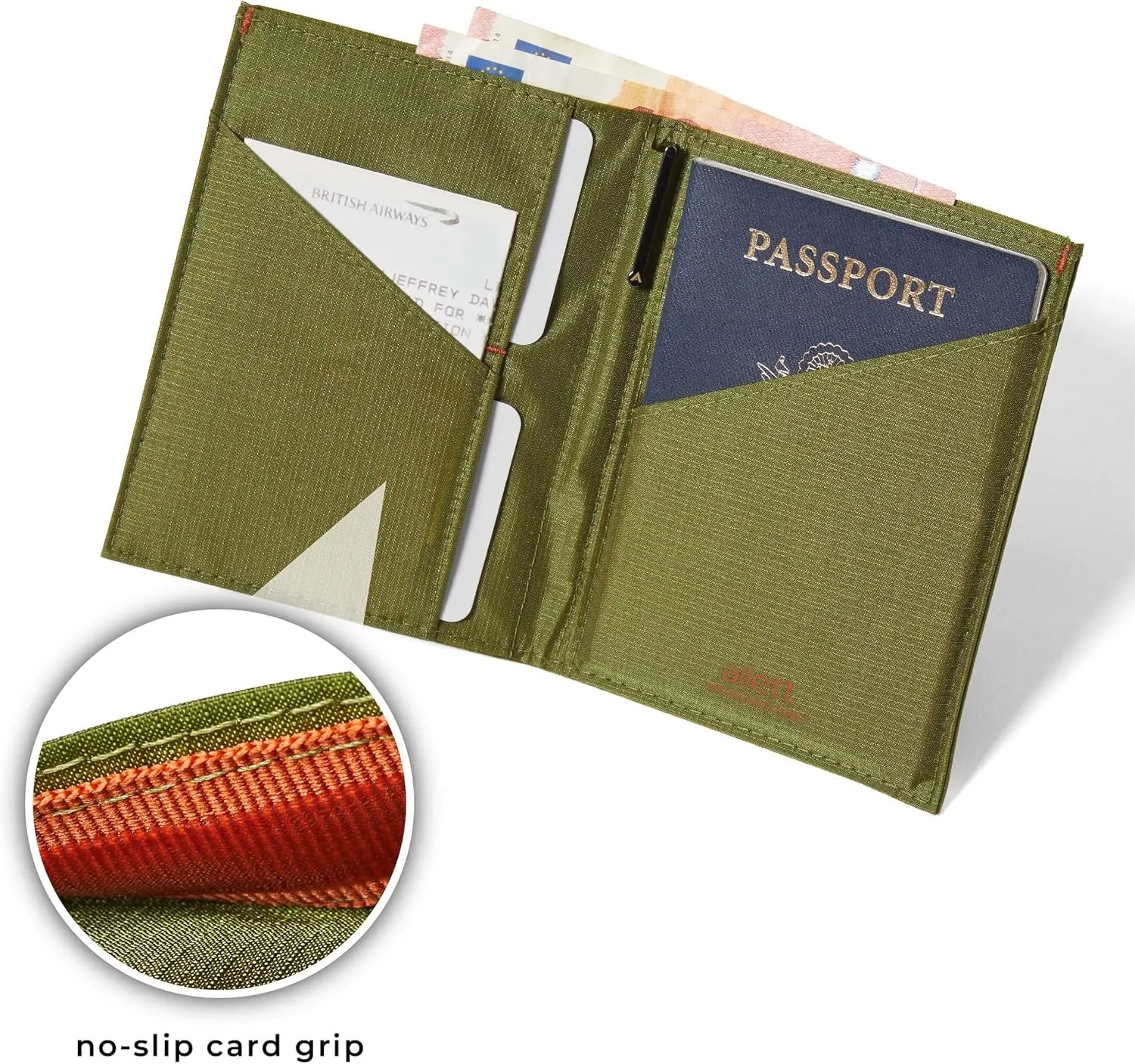 Allett Travel Wallet, Cala Green | Nylon, Thin Bifold, RFID Blocking, Minimalistic, Front Pocket | Holds Up To 10 Cards & Passport | For Men & Women