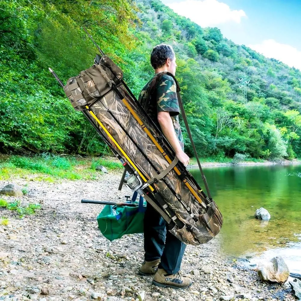 Allnice Durable Canvas Fishing Rod & Reel Organizer Bag Travel Carry Case Bag- Holds 5 Poles & Tackle