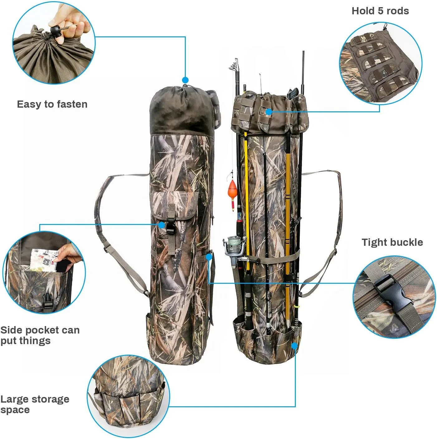 Allnice Durable Canvas Fishing Rod & Reel Organizer Bag Travel Carry Case Bag- Holds 5 Poles & Tackle