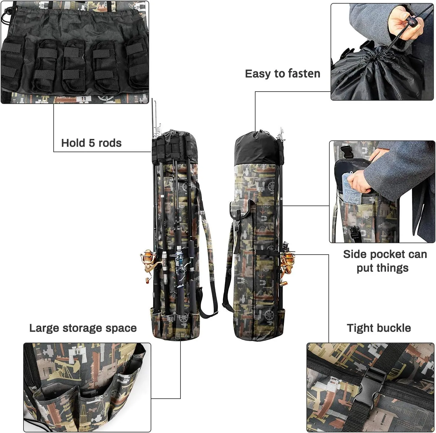 Allnice Durable Canvas Fishing Rod & Reel Organizer Bag Travel Carry Case Bag- Holds 5 Poles & Tackle
