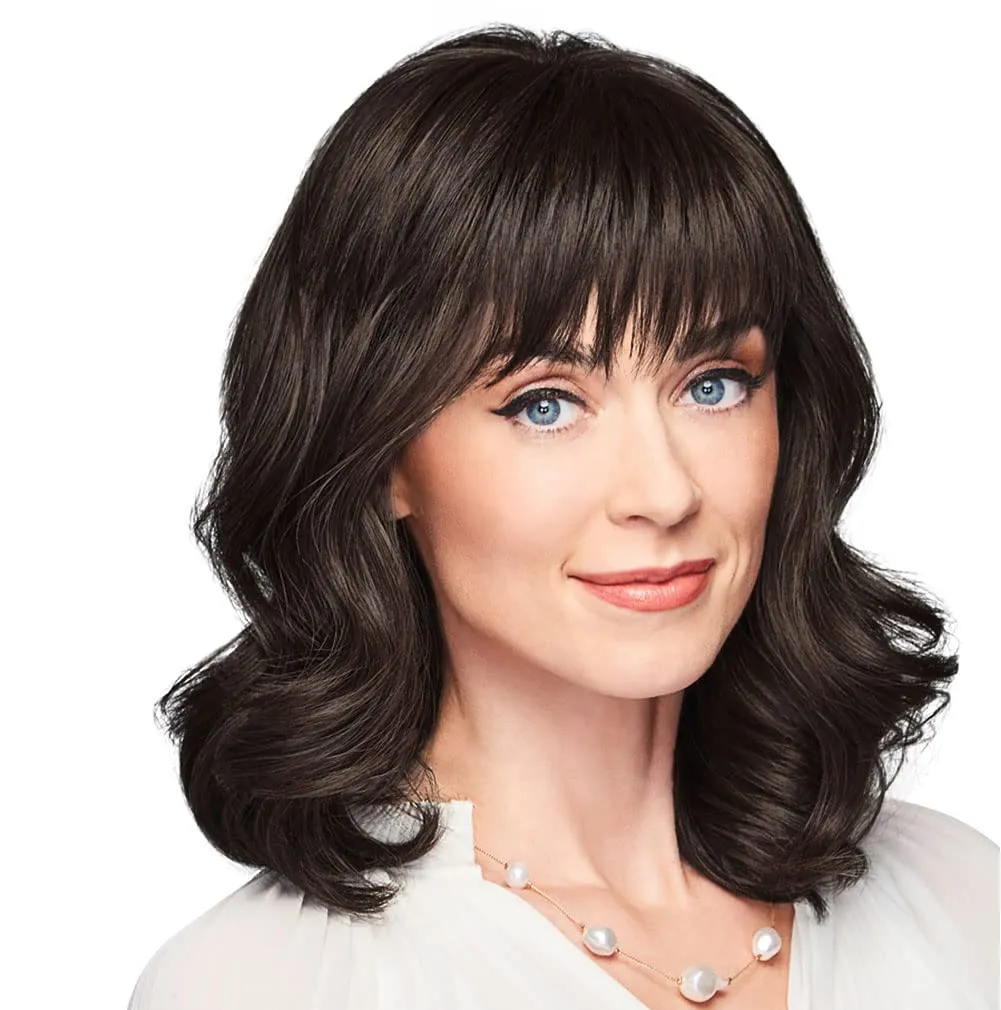 Ambitious Essential Collection Wig Cap, Mid-Length With Soft Bangs and Beachy Wave by Hairuwear, Dark Brown