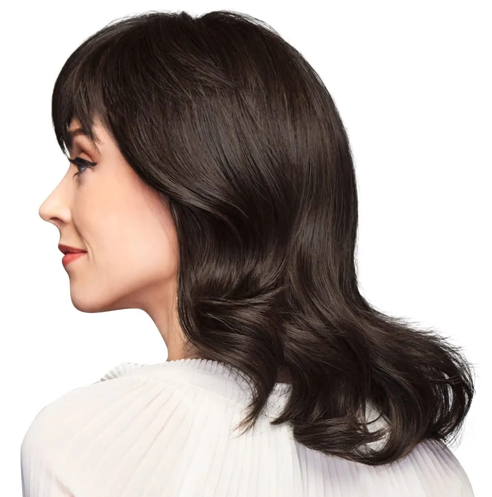 Ambitious Essential Collection Wig Cap, Mid-Length With Soft Bangs and Beachy Wave by Hairuwear, Dark Brown