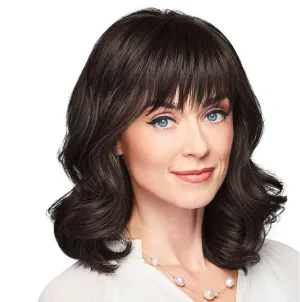 Ambitious Essential Collection Wig Cap, Mid-Length With Soft Bangs and Beachy Wave by Hairuwear, Dark Brown