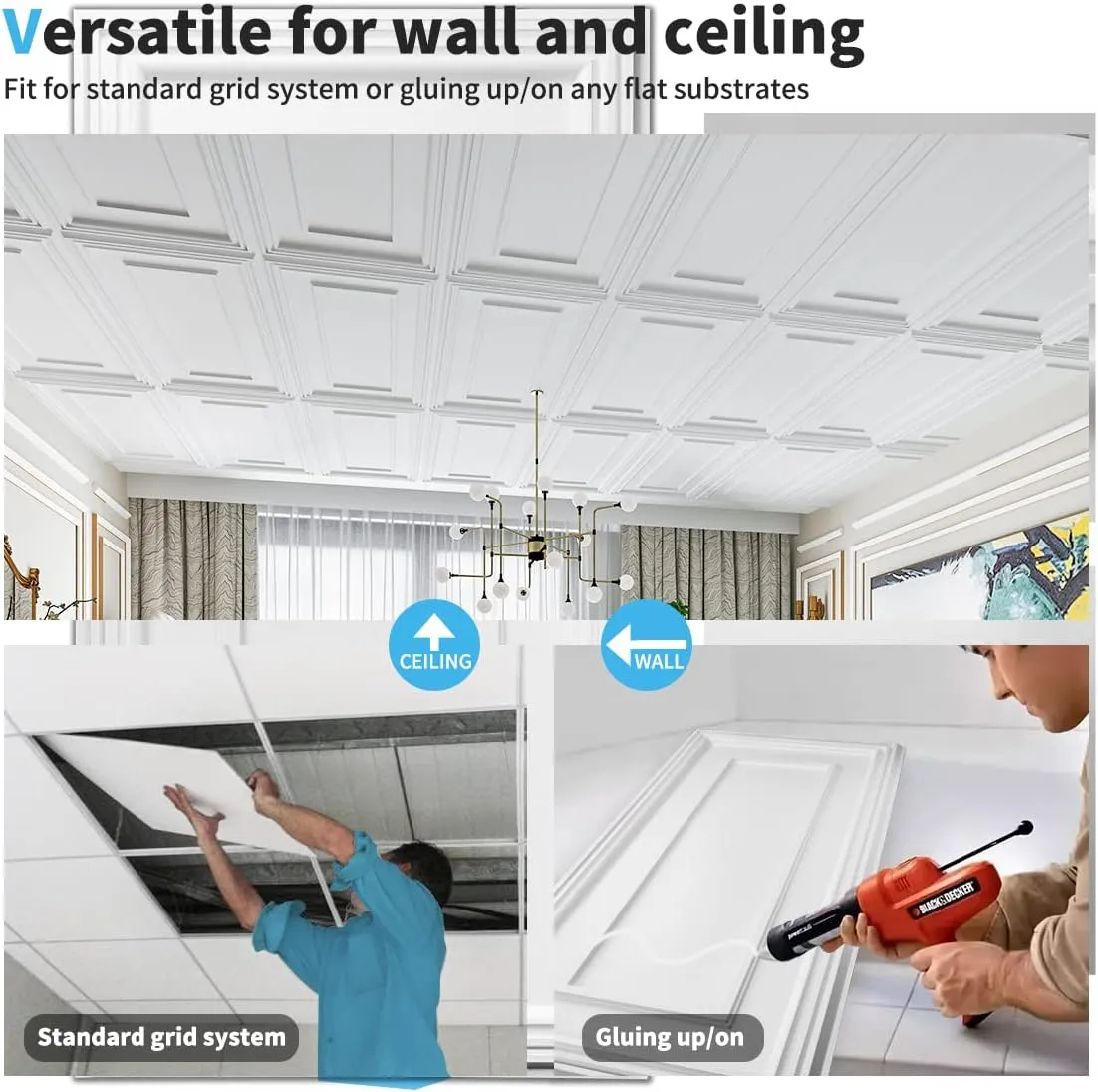 Art3d Drop Ceiling Tiles, 24x48in. White (12-Pack), Polyvinyl Chloride (PVC), Glue Down
