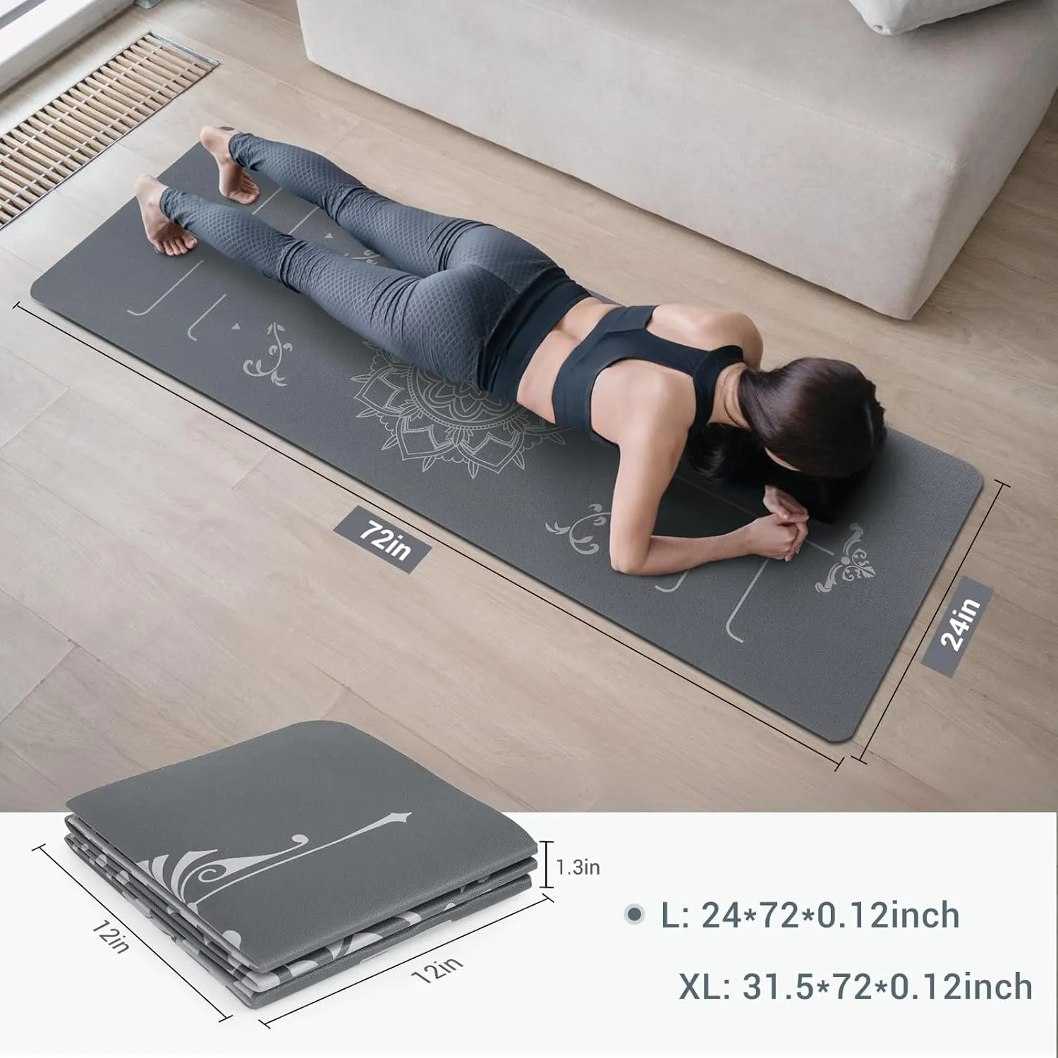 Avoalre Travel Yoga Mat Packable - Super Non Slip Foldable Fitness & Exercise Mat - Folding Lightweight Hot Yoga Mat with Carry Bag for Pilates & Floor Home Workouts (72"L x 24" & 32''W x 3mm Thick)