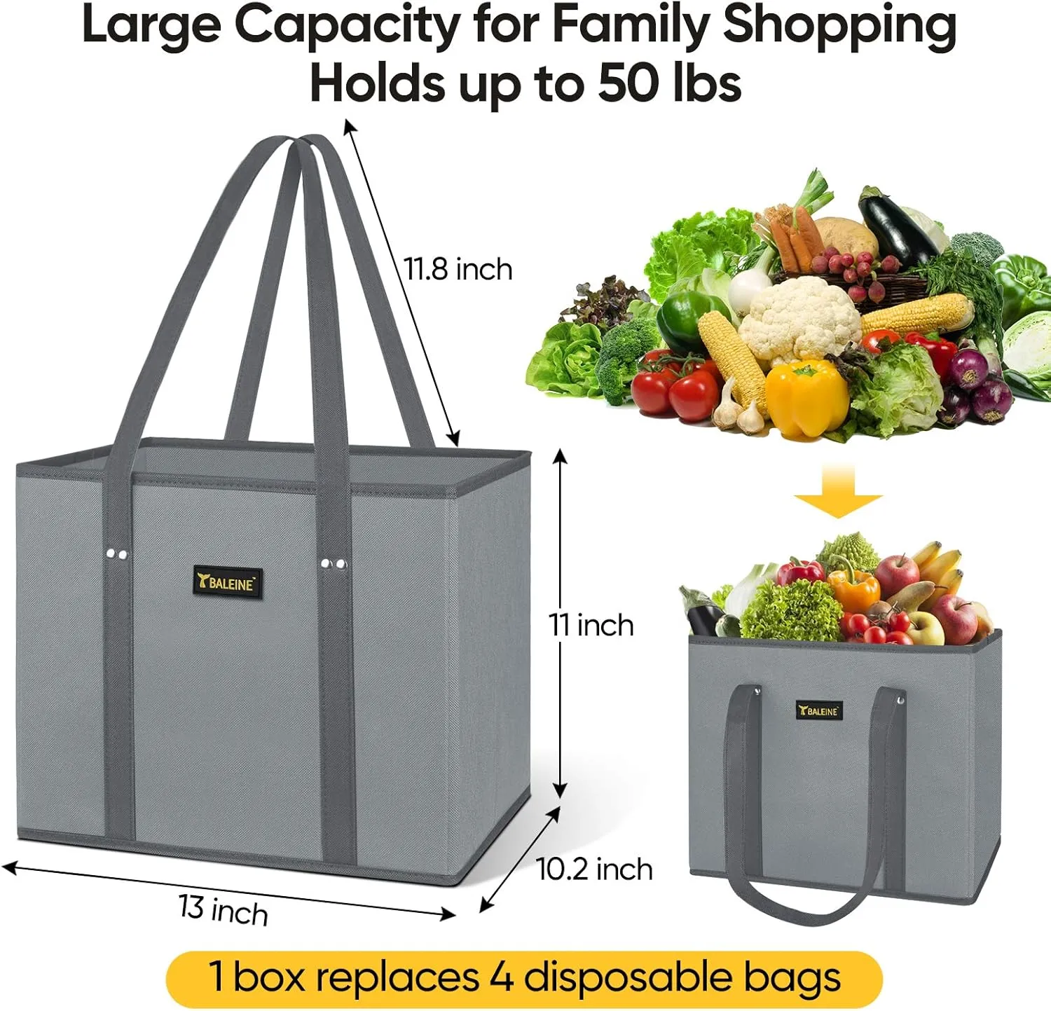 BALEINE 3Pk Reusable Grocery Bags, Foldable Shopping Bags for Groceries with Reinforced Bottom & Handles (Clover)