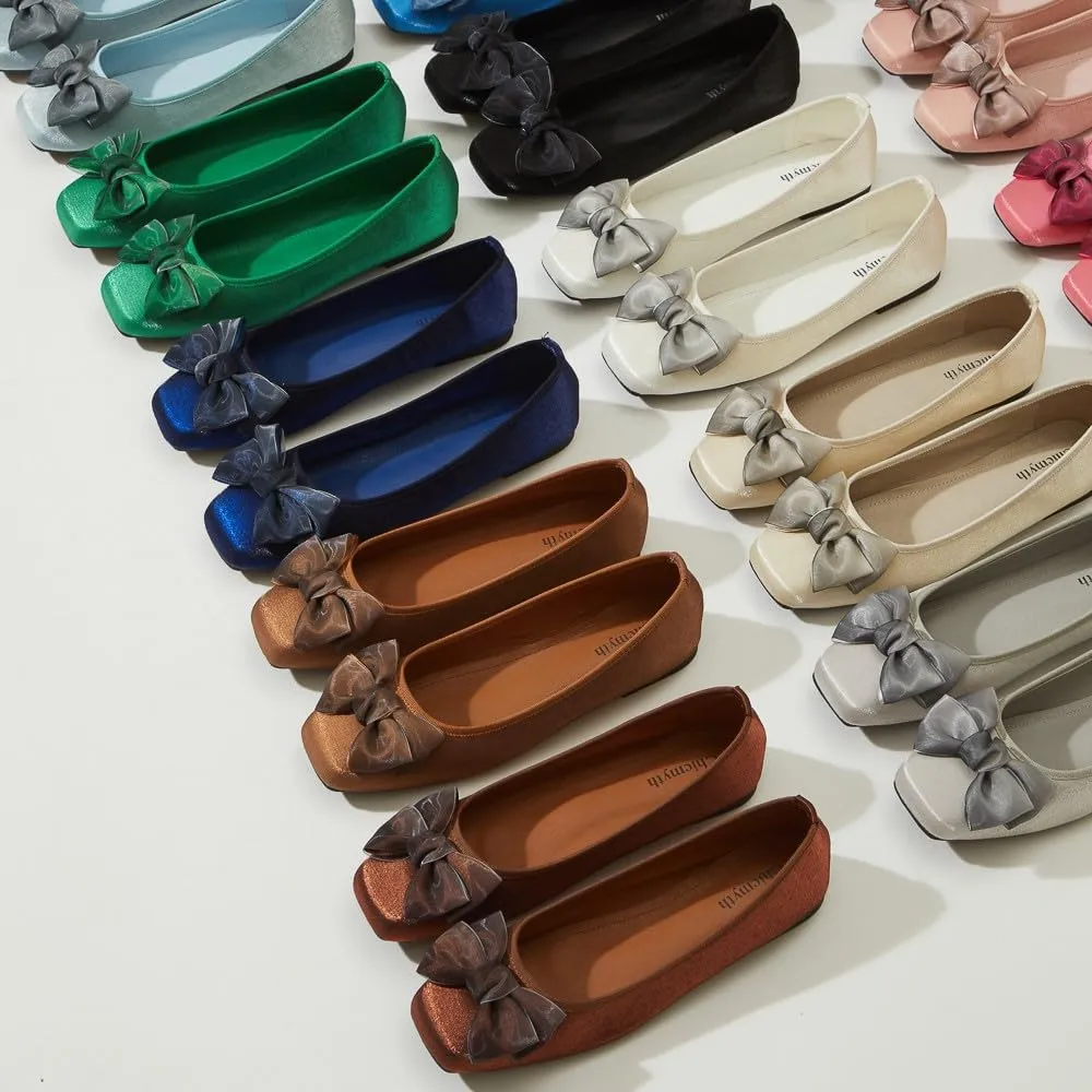 Ballet Flats for Women ; Square Toe Mary Jane Flats ; Satin Material Ballet Shoes ; Bowknot Elegant Dressy Women Shoes