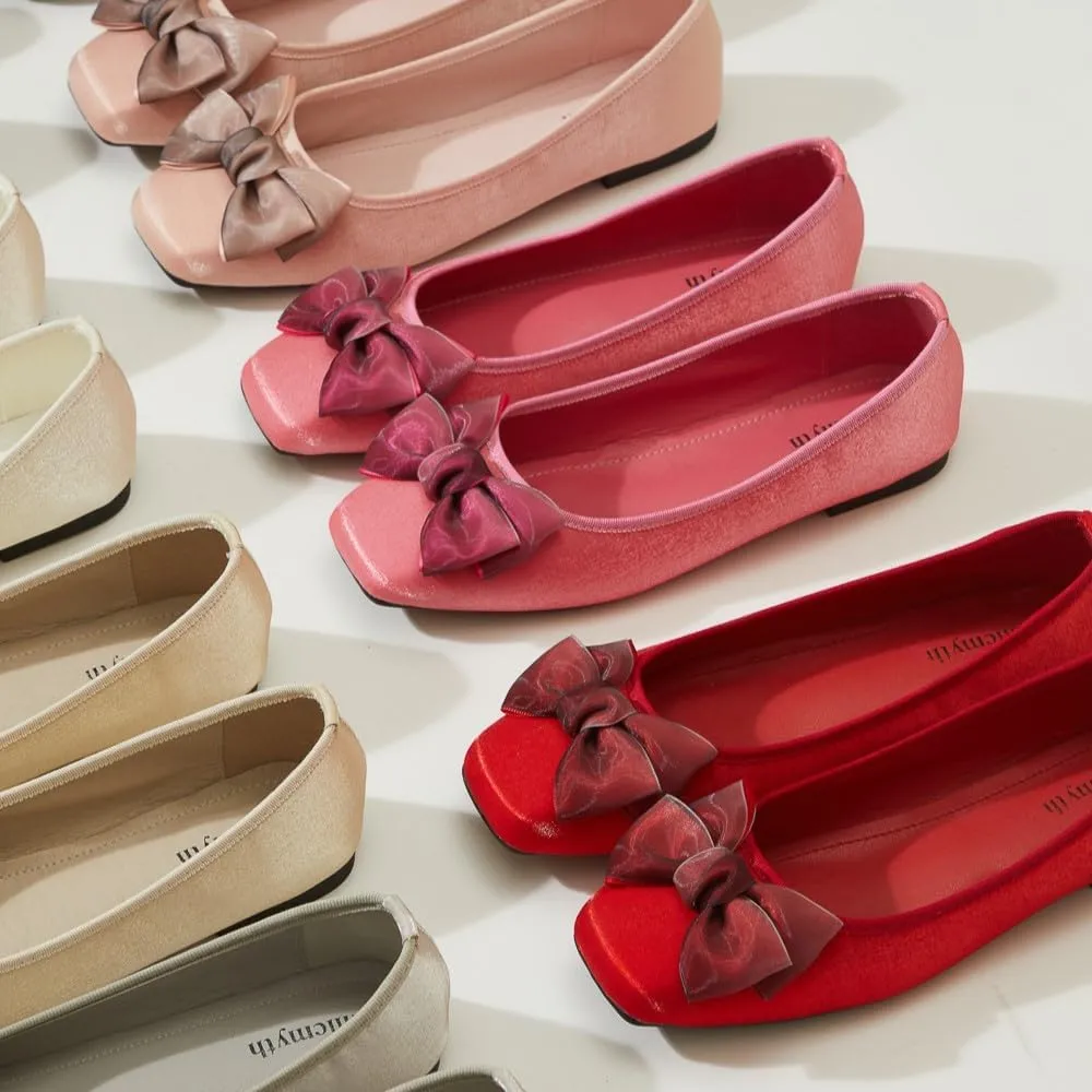 Ballet Flats for Women ; Square Toe Mary Jane Flats ; Satin Material Ballet Shoes ; Bowknot Elegant Dressy Women Shoes
