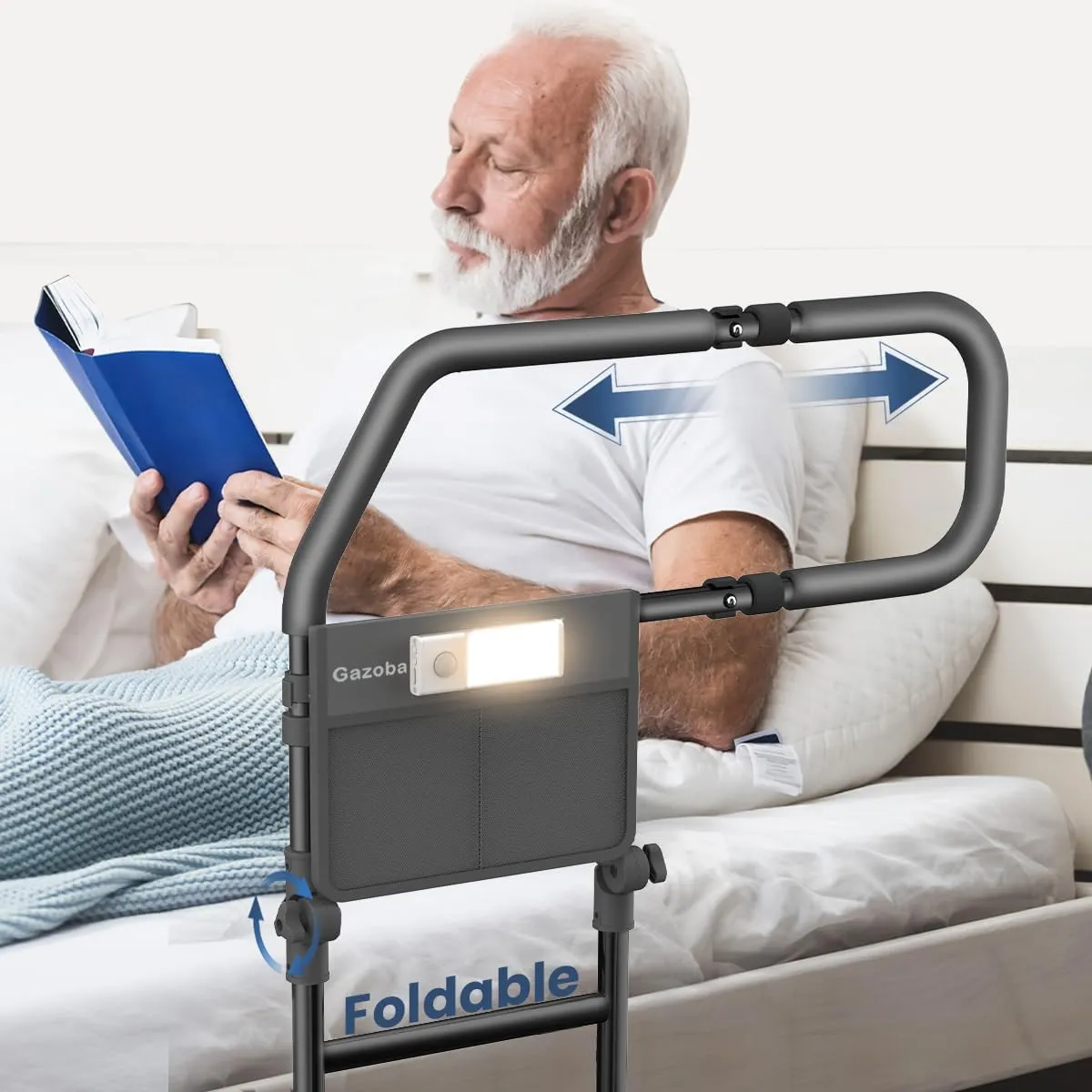 Bed Rails for Elderly Adults Safety - with Motion Light & Storage Pouch, Foldable Bed Rail for Seniors, Surgery Patients & Handicap with Support Legs, Fit King Queen Full Twin Bed