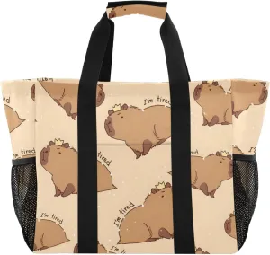 Bolaz Travel Tote Bag，Gym Bag for Men,Waterproof Beach Bag for Women Foldable Reusable-Capybara I'm So Tired Pattern