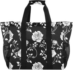 Bolaz Travel Tote Bag，Gym Bag for Men,Waterproof Beach Bag for Women Foldable Reusable-Rose Flower Spread Tile White Pattern