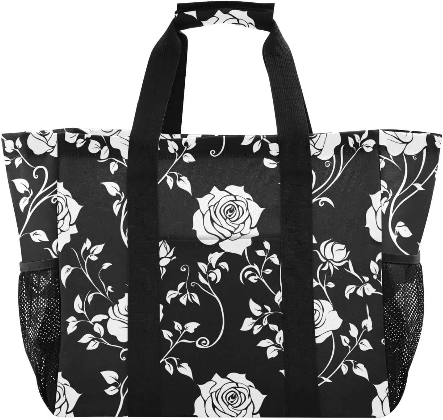 Bolaz Travel Tote Bag，Gym Bag for Men,Waterproof Beach Bag for Women Foldable Reusable-Rose Flower Spread Tile White Pattern