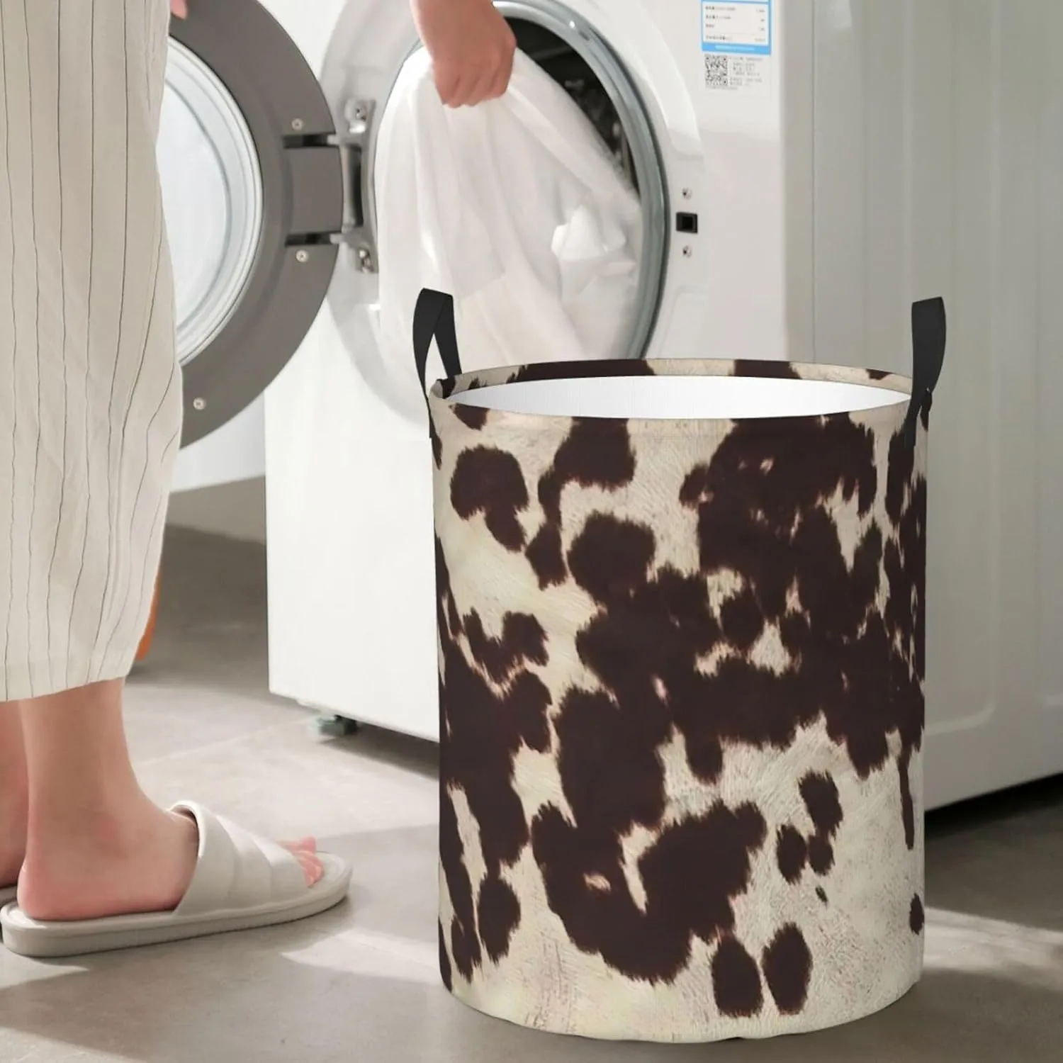 Brown Cowhide Printed Waterproof Oxford Fabric Laundry Hamper,Dirty Clothes Storage Basket For Bedroom