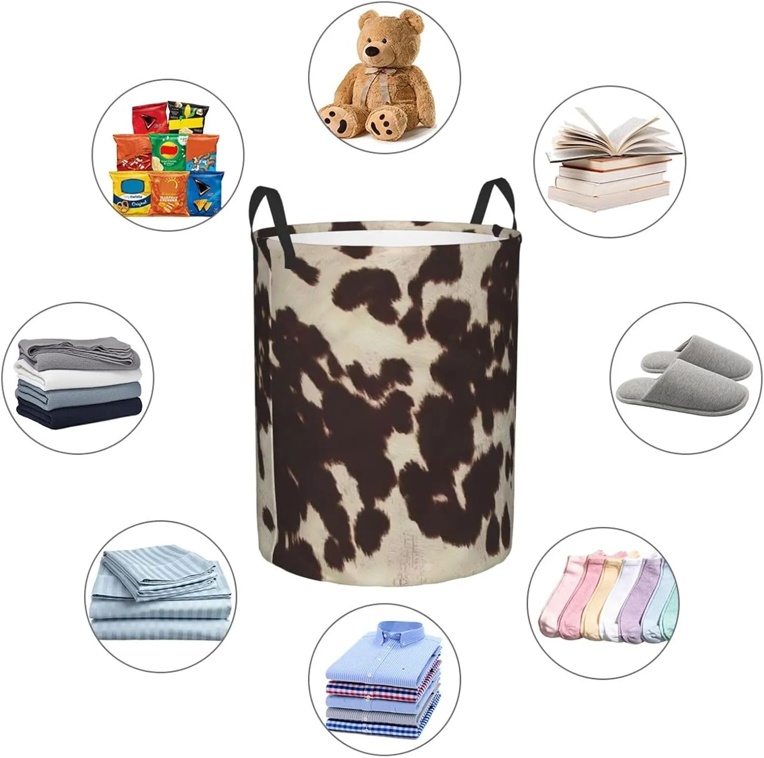 Brown Cowhide Printed Waterproof Oxford Fabric Laundry Hamper,Dirty Clothes Storage Basket For Bedroom